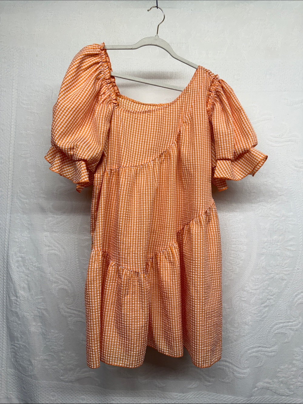 SHEIN Orange Gingham Puff-Sleeve Mini Dress